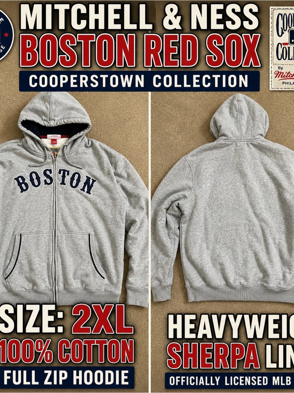 Vintage Mitchell & Ness Gray Boston Full-Zip Hoodie with Navy Applique